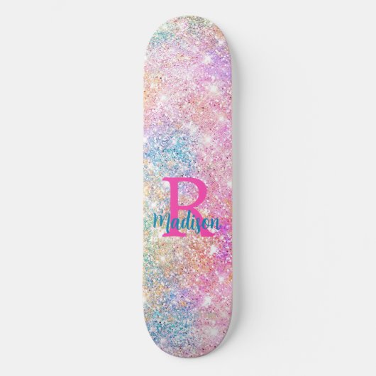 Cute iridescent unicorn roze faux glitter monogram skateboard (Voorkant)