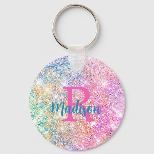 Cute iridescent unicorn roze faux glitter monogram sleutelhanger (Voorkant)