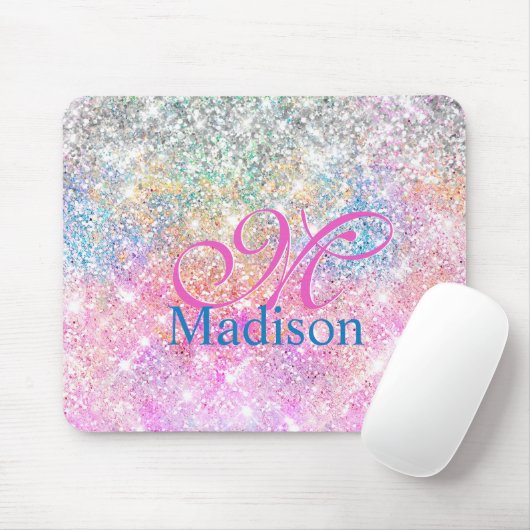 Cute iridescent unicorn roze glitter monogram muismat (Met muis)