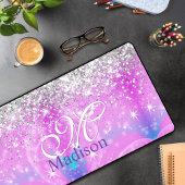Cute iridescent unicorn Silver Glitter monogram Bureaumat