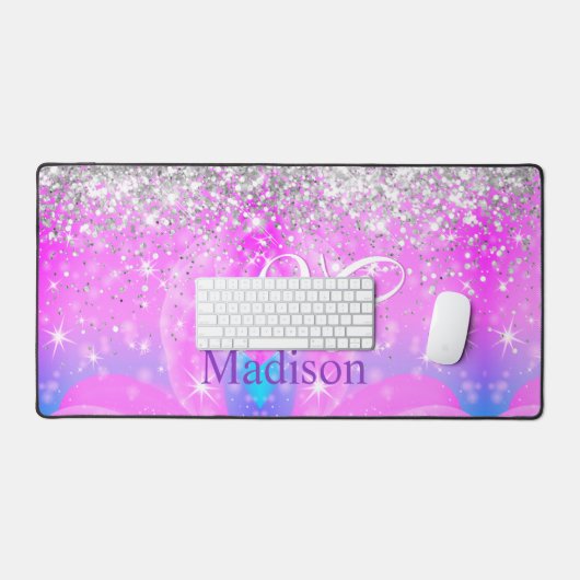 Cute iridescent unicorn Silver Glitter monogram Bureaumat (Keyboard & Muis)