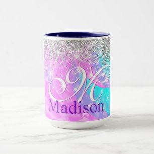 Cute iridescent unicorn Silver Glitter monogram Mok
