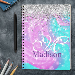 Cute iridescent unicorn Silver Glitter monogram Notitieboek