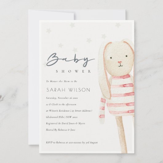 Cute ivoire lapin rose Soft Toy Invitation Baby sh (Devant)