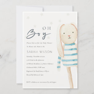 Cute Ivory Blue Bunny Oh Boy Baby shower Invite Bedankkaart