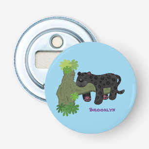 Cute jaguar black panther cat cartoon illustratie button flesopener