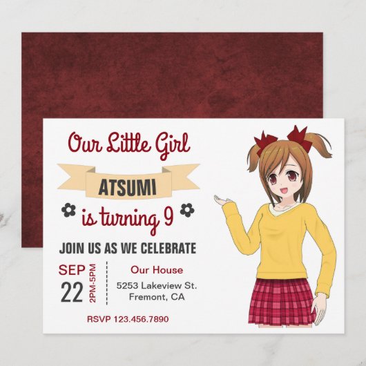 Cute Japonaise Anime Girl Anniversaire Invitation (Devant / Derrière)