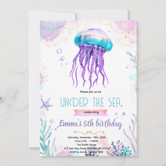 Cute jellyfish party theme invitation (Devant)