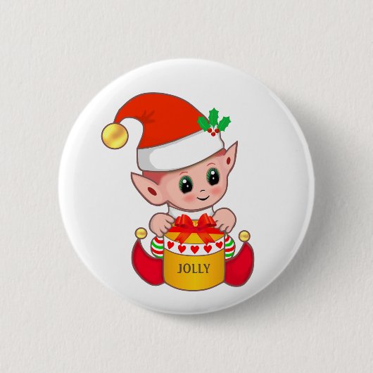 Cute jolly kerst elf ronde button 5,7 cm (Voorkant)