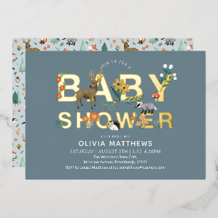 Cute Jongens en Moderne Bosdieren Baby Shower Folie Uitnodiging