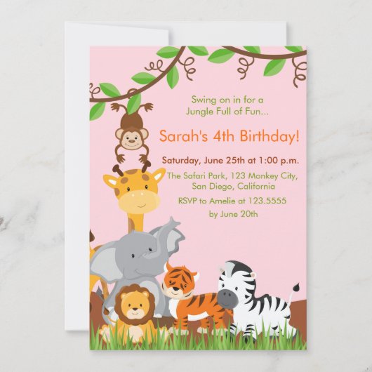 Cute Jungle Animaux Fille Anniversaire Invitation (Devant)