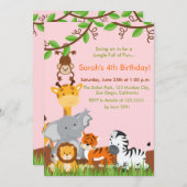 Cute Jungle Animaux Fille Anniversaire Invitation (Devant / Derrière)
