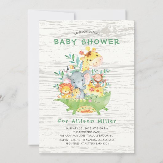 Cute Jungle Safari Animaux Bébé Douche Invitations (Devant)