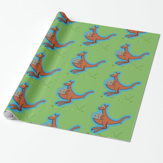 Cute Kangaroo met groene koalas cartoon patroon Cadeaupapier (Uitgerold)
