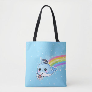 Cute Kapitein narwhal met regenboog Tote Bag