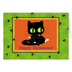 Cute Kat and Spiders Halloween Kaart