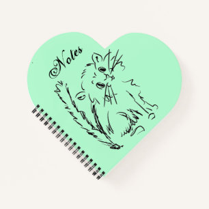 Cute Kat Cartoon Green Heart Shaped Spiral Notitieboek