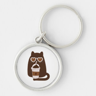 Cute Kat Drinkt IJskoffie Zilveren Sleutelhanger