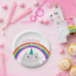 Cute Kat Eenhoorn Regenboog Verjaardag Papieren Bordje