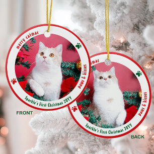 Cute Kat Eerste Kerstmis Aangepaste Foto van Huisd Keramisch Ornament