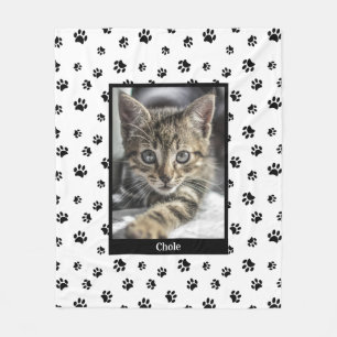 Cute Kat Foto Naam Zwarte Pootafdrukken Patroon Fleece Deken
