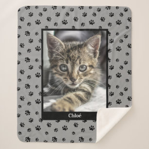 Cute Kat Foto Naam Zwarte Pootafdrukken Zilver Gri Sherpa Deken