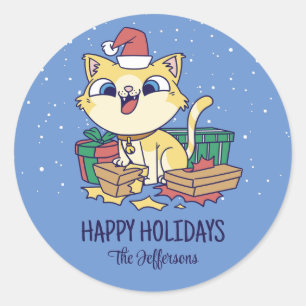 Cute Kat Kerstmis Snowy Winter Holiday Ronde Sticker
