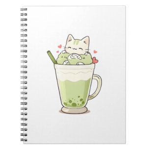 Cute Kat Matcha Boba Drank Kawaii Ontwerp Notitieboek