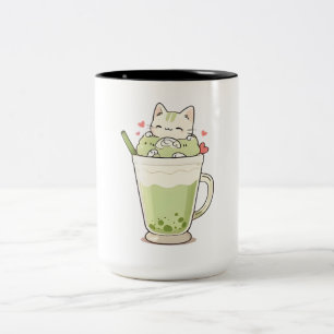 Cute Kat Matcha Boba Drank Kawaii Ontwerp Tweekleurige Koffiemok