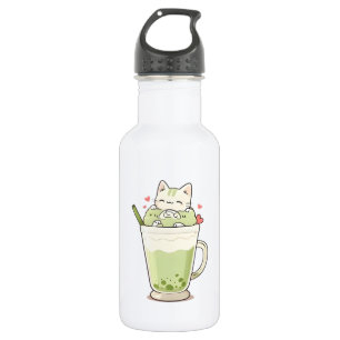 Cute Kat Matcha Boba Drank Kawaii Ontwerp Waterfles
