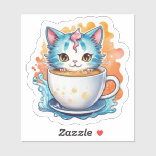 Cute Kat Met Koffiekopje Cartoon Ontwerp-94678 Sticker