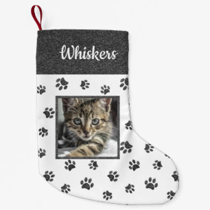 Cute Kat Naam Foto Zilver Glitter Pootafdrukken Kleine Kerstsok