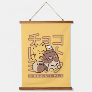 Cute Kat op Chocolademelk Karton Kawaii Kunst Hangend Wandkleed