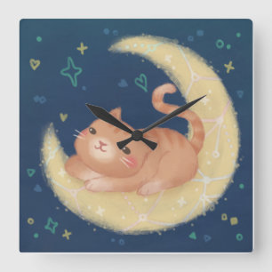 Cute Kat op de Maan Vierkante Klok