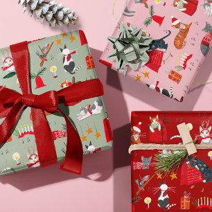 Cute Kat Roze Rood Groen Retro Patroon Kerstmis Inpakpapier Vel