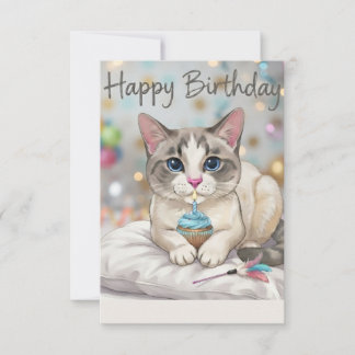 Cute Kat Verjaardag Cupcake Blauwe Tinten Bedankkaart
