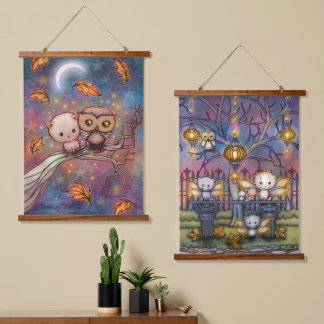 Cute katten- en uil kunstwerken door Molly Harriso Hangend Wandkleed