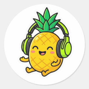 Cute Kawaii Ananas met Hoofdtelefoon SuSticker Ronde Sticker