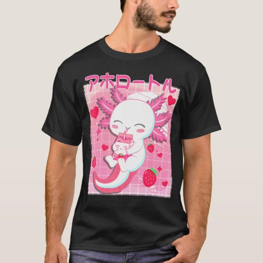 Cute Kawaii Axolotl Strawberry Milk Japanse Anime T-shirt (Voorkant)
