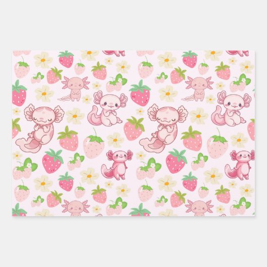 Cute Kawaii Axolotl & Strawberry Seamless Pattern Inpakpapier Vel (Voorkant 3)