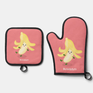Cute kawaii banana cartoon ovenwant & pannenlap set