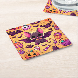 Cute kawaii bat candy halloween vierkante kartonnen onderzetter
