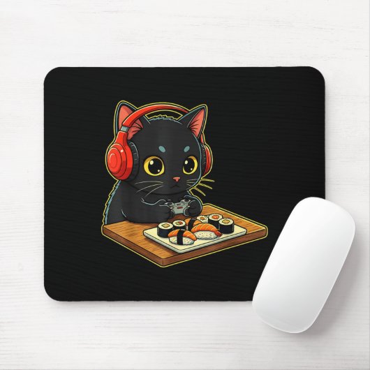 Cute Kawaii Black Cat Funny Sushi Retro Japanese C Muismat (Met muis)