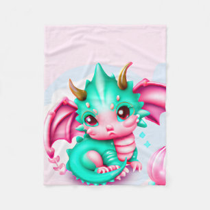 Cute Kawaii Blauwgroen en Roze Baby Dragon Fleece Deken