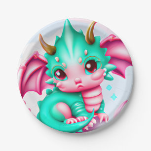 Cute Kawaii Blauwgroen en Roze Baby Dragon Papieren Bordje