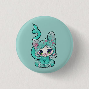 Cute Kawaii Blauwgroen Kitten Ronde Button 3,2 Cm