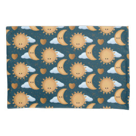 Cute Kawaii Blue Gold Sun Moon Hearts Kussensloop