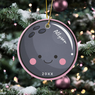 Cute Kawaii Bowling Ball Girl's Name & Year Sporty Keramisch Ornament