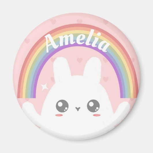 Cute Kawaii Bunny and Rainbow Personalized Magneet (Voorkant)