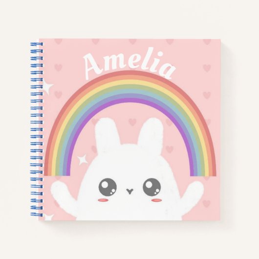 Cute Kawaii Bunny and Rainbow Personalized Notitieboek (Voorkant)